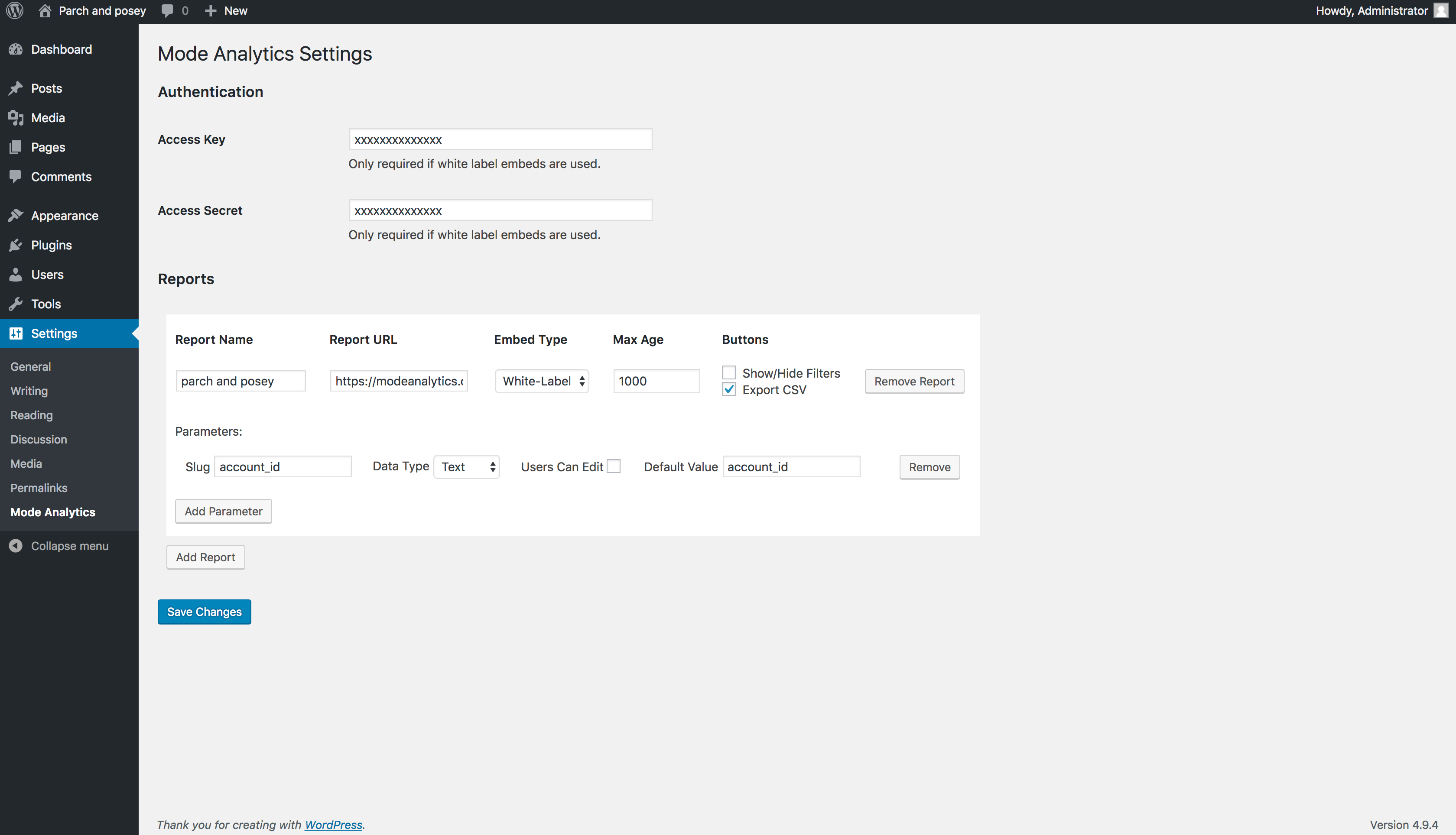 wordpress mode analytics white label embed screenshot