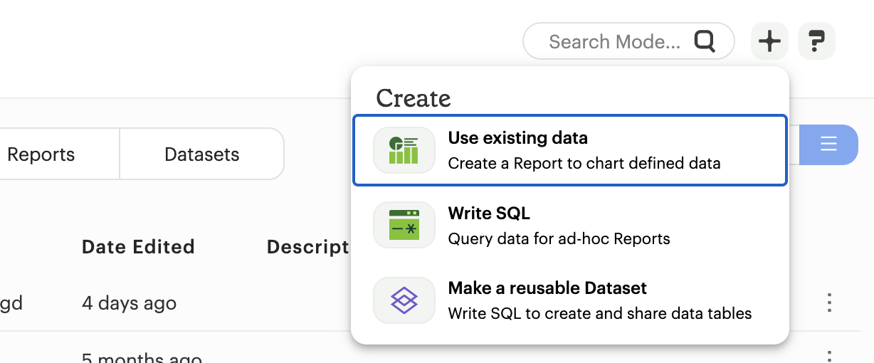 Creating a report from the create button